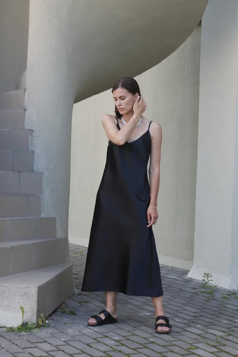 Black satin slip dress