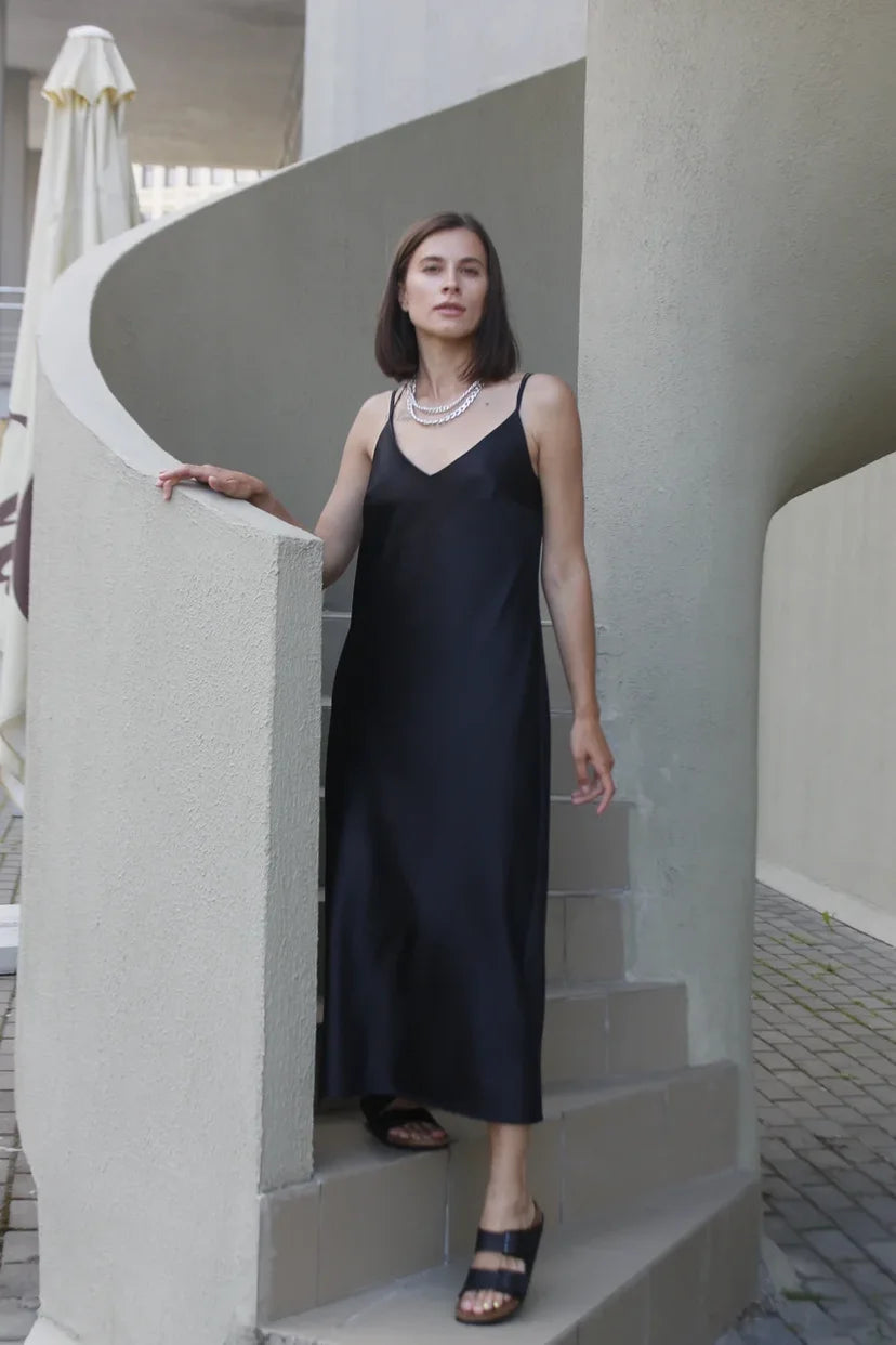 Black satin slip dress