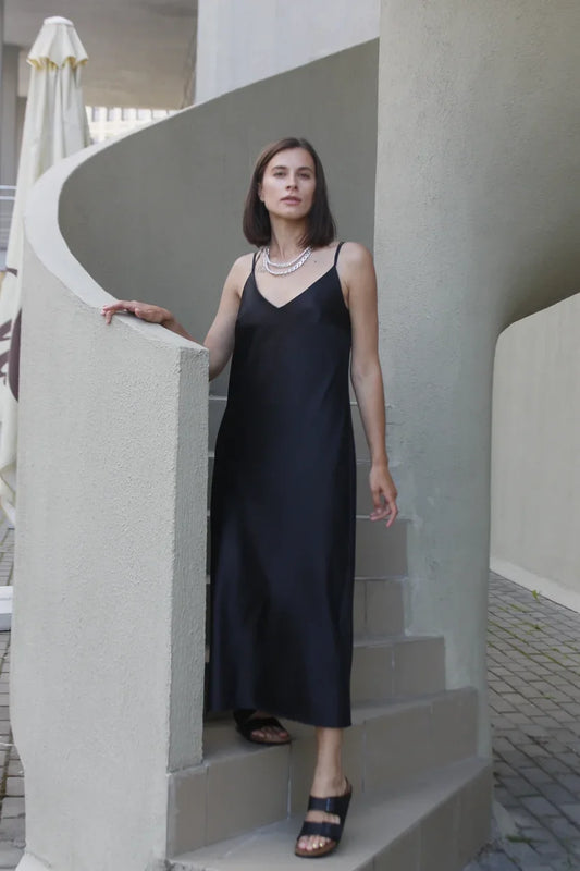 Black satin slip dress